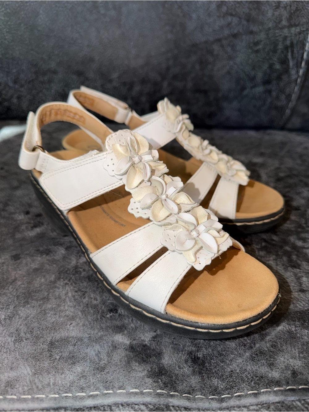 Clarks White Floral Triple-Strap Slingback Sandals